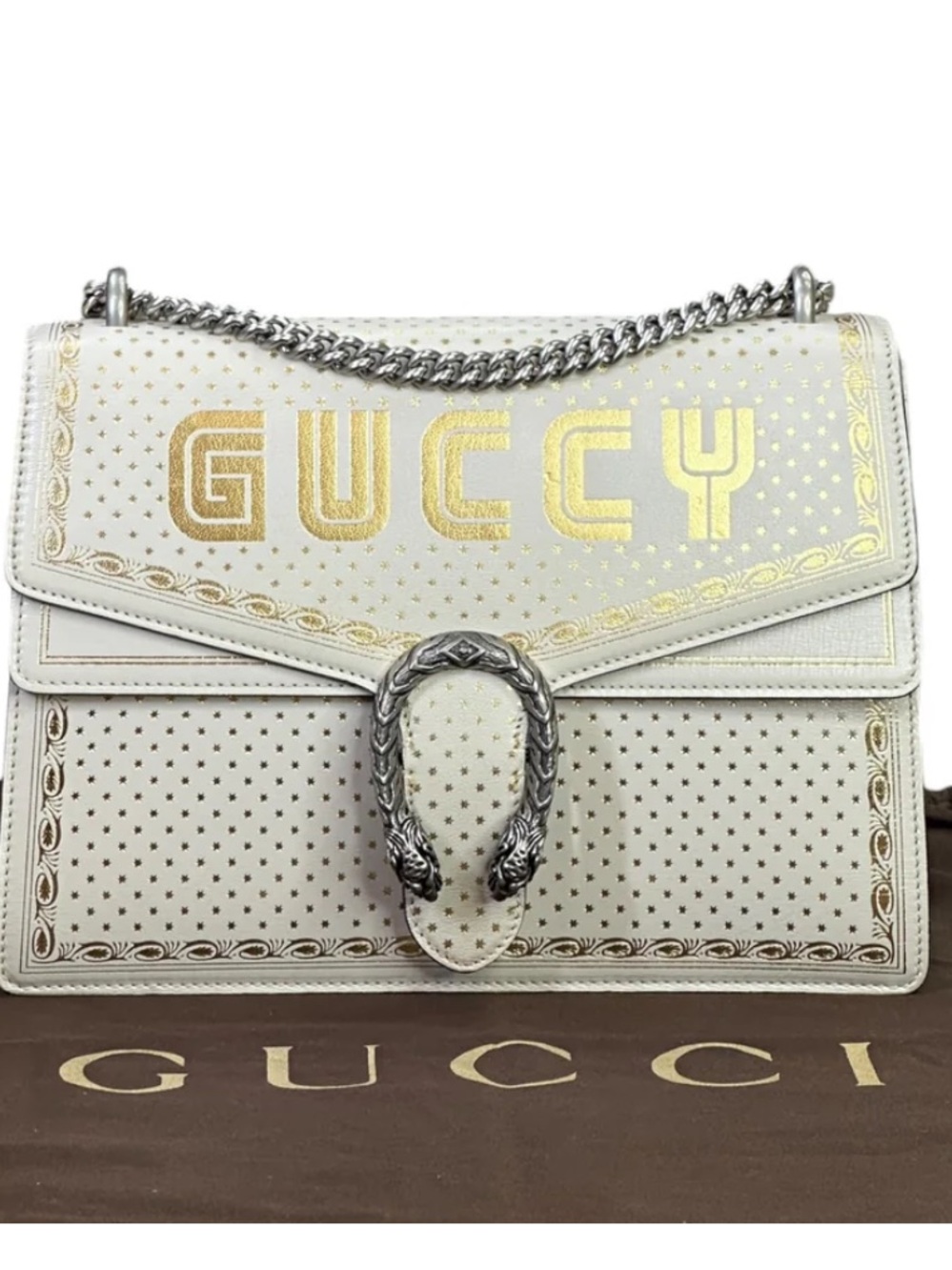 Gucci White Shoulder Bag with Gold Lettering - Limited Edition - Authentic